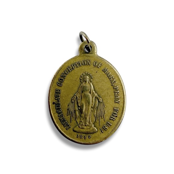 Vintage Jewelry - Vintage Immaculate Conception Virgin Mary Oval Brass Medal Charm Pendant